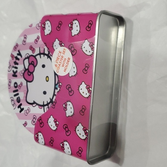 Hello Kitty pink white hello kitty monogrammed logo 6pc tin coaster set & holder - Picture 8 of 10